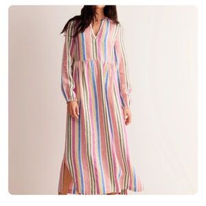 NEW With Tag, Linen Maxi Notch Neck Dress, Pop Pansy, Multistripe, Size 6R